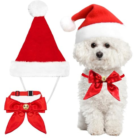 Katzen Hunde Weihnachtskostüm, Weihnachtsmütze und Halsband Haustier Kostüm, Lustig Katzenbekleidung Hundebekleidung, Rot Hund Weihnachten Kostüm, für Klein Hund Katze Weihnachts Outfit Geschenk