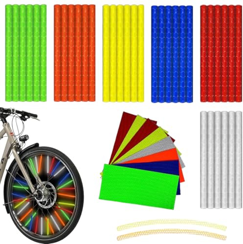 Confezione da 36 riflettori Colorati per Bicicletta+8pcs Striscia riflettente per pneumatico Strisce Riflettenti per Bicicletta con visibilità a 360°, Facili da installare e riutilizzabili