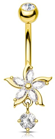 Agrewd Piercing Nombril 316L Acier Chirurgical Or Fleur Anneau Nombril 14G 10mm Bananabell CZ Transparent Piercing de Ventre pour Femmes