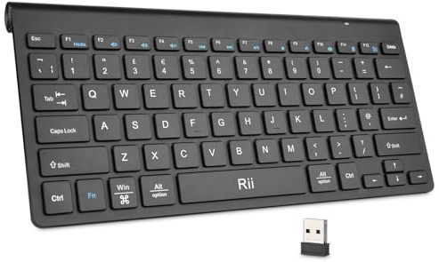 Rii Mini Wireless Keyboard, 2.4GHz Compact Keyboard, Portable UK Layout Small Keyboards, Ultra Slim USB Keyboards Effortless Connectivity, Wireless for Computer/Laptop/PC/Windows/Chrome-Black