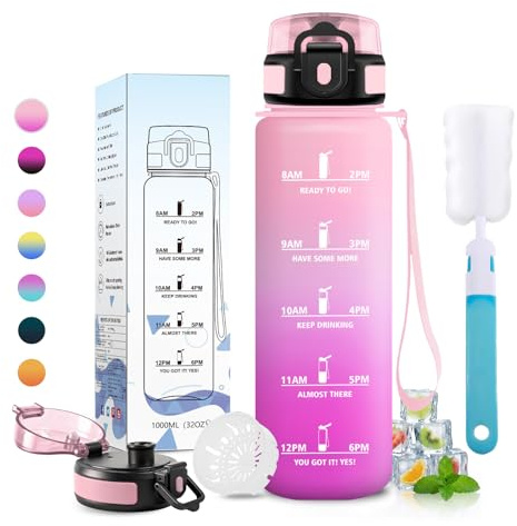 JAPORIA Borraccia 1L, Bottiglia Motivazionale con Filtro, a Prova di Perdite, Bottiglia Acqua con Indicatore del Tempo, per Scuola, Campeggio