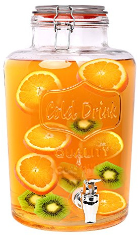 Dispensador de bebida S/o® botella con grifo jarra de zumo con grifo aspecto de tarro de conserva aprox. 7.5 litros vasos de cocktail de cristal prémium retro jardín terraza