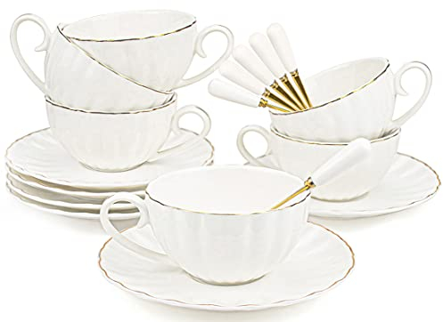Yesland Set of 6 Royal Tea Cups and Saucers, 180ml White Porcelain Tea Set & British Coffee Cups, Latte Cups and Espresso Mug for Specia