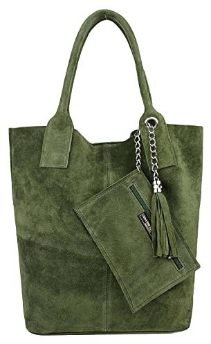 Made IN Italy Damen XXL Leder Tasche + Schmucktasche Handtasche Wildleder Shopper Schultertasche Fransen Umhängetasche Quaste Kette DIN-A4 Hobo Tote Bag Olivgrün