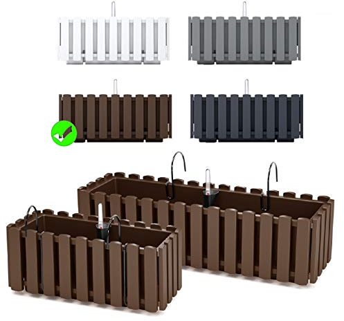 Blumenkasten Blumentopf Balkonkasten Latten-Optik mit Halterungen Wasserspeicher Pflanzkasten Pflanzgefäß inkl. Aufhängung Lattenzaun-Design (380 Braun)