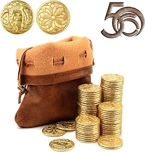 Byhoo 50 PCS Goldmünzen & PU Ledertasche, DND Metallmünzen, Fantasy Münzen Schatz für Brettspiele, Falsche Münzen als Spielmarken für Dungeons & Dragons, Tabletop TTRPG Spiele