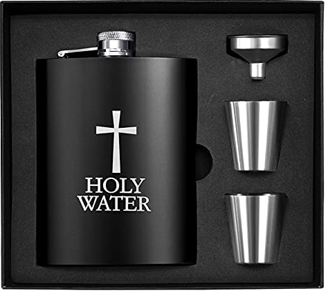Hip Flask Set, Wieat 8oz Engraved Holy Water Stainless Steel Whisky Hip Flask Gift Box, Groomsmen/Usher Gifts for Wedding, Hip Flasks Gift for Men and Women (with 1xFunnel, 2xCups)