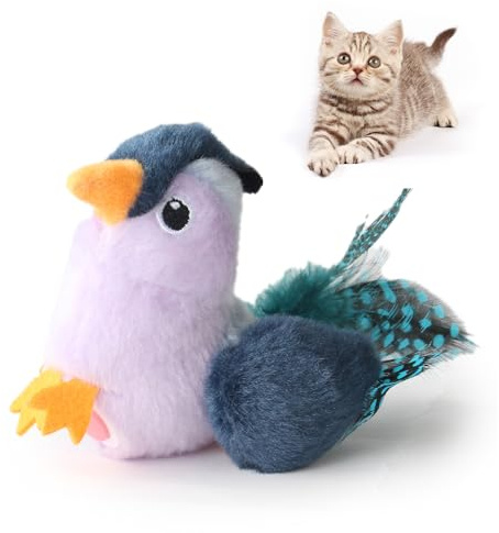 Suhaco Interaktive Katzenspielzeug Chirpy Vogelmelodie Feder Spielzeug Plüsch Spielzeug Set für Katzen Squeeze Spielzeug für Indoor Katzen (Vogel Grau)