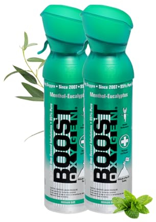 Boost Oxygen Sauerstofflasche für Unterwegs mit 95% Sauerstoff - 10L,2x5L Sauerstoffdose mit Sauerstoffmaske für mehr als 200 Inhalationen - mobiler Sauerstoff Inhalator (Menthol-Eukalyptus Geschmack)