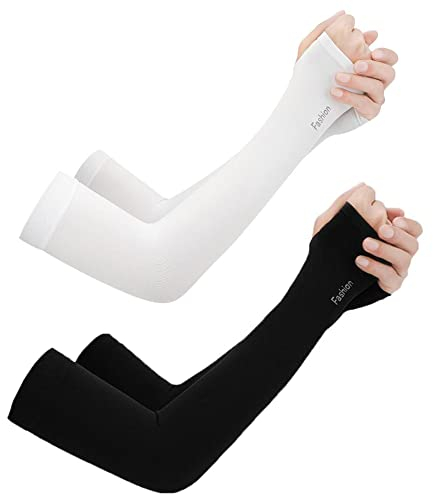 Braccio Maniche a Compressione, Manicotti di Protezione Solare Anti-UV UPF 50+ Unisex, Copribraccia Cool per Calcio, Golf, Pallavolo, Ciclismo e Pallacanestro (Bianco + Nero (2 paia))
