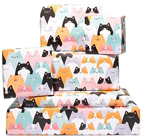 Papel de regalo de gatos - 6 hojas de papel de regalo de cumpleaños para ella - Gatito - Papel de regalo divertido para dueño de gato - Para mamá peluda - Colores pastel - Reciclable - Por Central 23