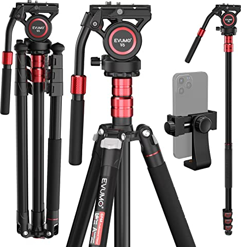 EVUMO Videostativ 200cm, Alu Overhead Stativ-Kamera-Stativ-Profi Umbaubar Zum Monopods, Heavy Duty Tripod mit 360-Grad-Fluidkopf für DSLR und Camcorder, 12kg Tragkraft