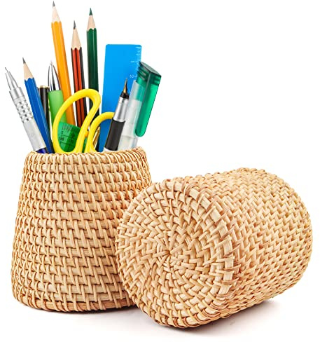 Geila Rattan Multi-use Organizer, Hand-woven Desk & Table Caddy, Wooden Pen & Pencil Pots, Makeup Brush Holder, Cutlery Organizer