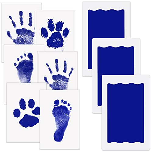 Nabance Fußabdruck Baby mit 3 Stempelkissen 6 Abdruckkarten Handabdruck Baby Pfotenabdruck Set Hund Katze Baby Abdruckset Sicher und Ungiftig Neugeborenen Geschenk 0-6 Monate Blau