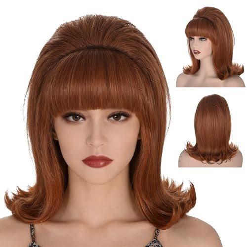 MORTICIA Damen Flip Perücke 70er Jahre Pinup Pelucas 60er Jahre Retro Beehive Stil Vintage Look Betty Rubble Perücke Halloween Kostüm Frauen Perücke wtih Bang (Ingwer) (Ingwer)