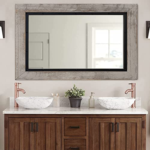 YOSHOOT Rustic Wooden Framed Wall Mirror, 40x30, Natural Wood and Iron Bathroom Vanity Mirror for Farmhouse Decor, Vertical or Horizontal Hanging