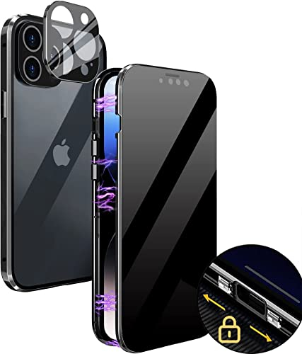 Antiespia Funda iPhone 14 Pro Max Funda con Magnética, Protector de Pantalla Cristal Templado Integrado y Protector Cámara 360 Grados Case Robusto Doble Cara Carcasa Privacidad Cobertura - Negro