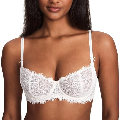 DOBREVA Balconette Push Up Spets BH för kvinnor, plus storlek med genomskinliga ringar, Vit kokosnöt, 100B