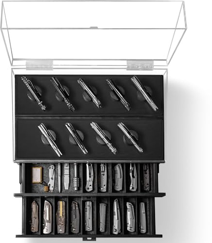 Premium Pocket Knife Display Case for 50 Knives - Extra Large Wooden Knife Organiser, Storage & Holder with Unique Pillars, 2 Drawers -Knife Collection Box-Handcrafted Birthday Gift for Men