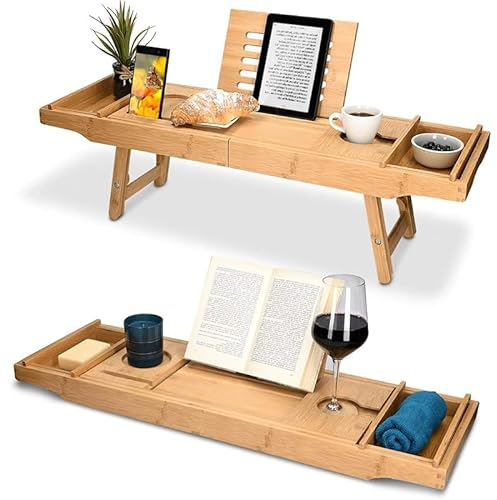 Virsus Vassoio Vasca da Bagno Estensibile in Bambù 2285, misura 75x23x5 cm, allungabile da 75 a 108 cm, vassoio legno con gambe pieghevoli per colazione letto, tavolino porta PC, supporto bicchieri