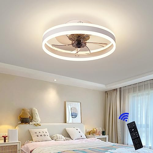 Altsuceser Modern Ceiling Fan with Light, 20 Low Profile Flush Mount Ceiling Fan with Remote Control, 5 Invisible Blades, 3 Light Color Change and 6 Speeds for Bedroom Living Room White