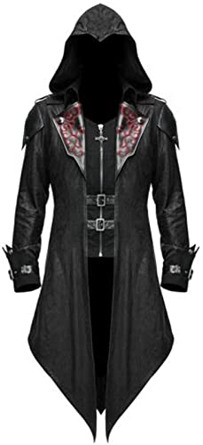 Steampunk Herren Jacke mit Kapuze, Gothic Frack Herren Mantel,Gehrock Herren Mittelalter Viktorianischen Palast Vintage Mäntel Smoking für Männer Halloween Kostüm Karneval Party Cosplay Kleidung