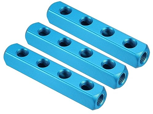 PATIKIL 4 Vías 7 Puertos Aire Colector, 3 Paquete G1/4 Pulgada Aluminio Aire Manguera En Línea Colector Bloque Divisor Neumático Aire Manguera Conexión, Azul
