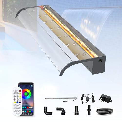 Longrun Set di Lame per Cascata per Laghetto da 90cm,Trabocco per Cascata Curva in Acrilico,Fontana per Piscina all'Aperto con Luci LED a 7 Colori e Telecomando,Larghezza 26cm