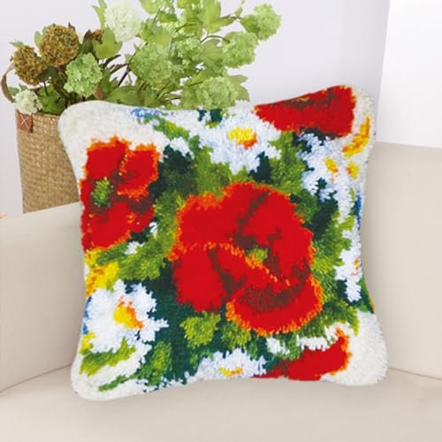 TsoLAY Diy Knüpfkissen Mit Vordruck Rote Blume Kissenbezug für Erwachsene und Kinder Teppichherstellungs-Kits Kreuzstich-Set Teppichherstellung Kissen Handarbeit für Anfänger Heimdekoration -C