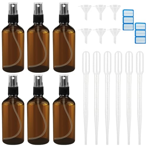 Diompirux Pack de 6 Frasco Pulverizador de Vidrio Marrón 50 ml, con Etiquetas, Embudos, Pajitas, Perfumador Dispensador de Viaje, Pulverizador Recargable Dispensador, para Cosmética DIY, Aromaterapia
