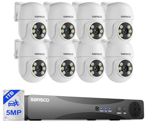 SANSCO 2-Way Audio, 3K Color Night Vision Wired 8CH Home CCTV Camera System | 1TB Hard Drive 24/7 Recording, 8 x 5MP PTZ 360° Rotating Security Camera Outdoor, Face Human Vehicle Detection, App Alert