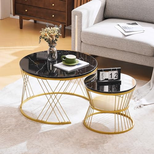 BTM Table Basse encastrée Moderne, Ensemble de Table Basse Haute Brillance, encastrée côté canapé en placage de marbre Ronde, Set de 2, Cadre doré