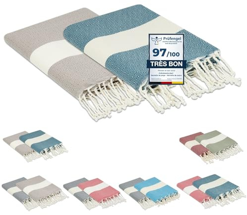 furora HOLIDAY Telo Mare (2 pezzi) Grande, cotone 100x200 cm | Telo Spiaggia antisabbia | Asciugamano Mare Fouta, frange e angoli, Pareo Donna Uomo Ragazzi | Pic Nic Beach Towel Coperta, lungo leggero