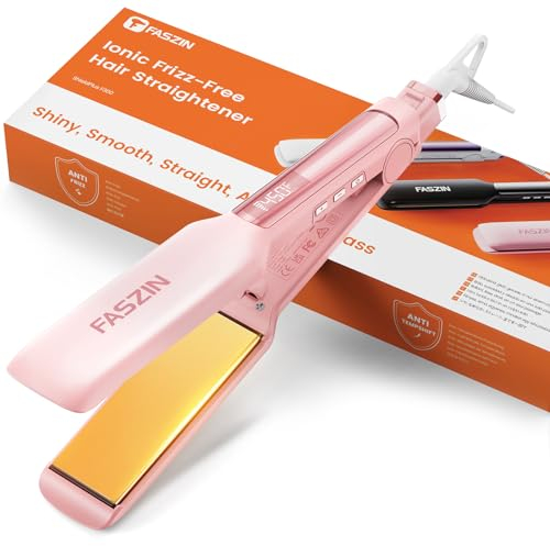 Faszin Professional Hair Straightener, 1.65inch Wide-Plate, Titanium Negative Ion Flat Iron, 30s Rapid Heating, LED Temp Display, Wide Voltage & 10 Adjustable Temp Levels (260-450℉) - Pink