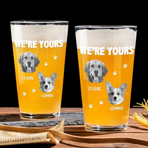 KEMEILA We're Yours - Personalized Funny Pint Glasses- Father's Day Gifts for Dog Dad-Men Birthday Gift Ideas-16 Oz Beer Mug with Photo, Dad Gifts from Daughter, Son. (Pet Photos)