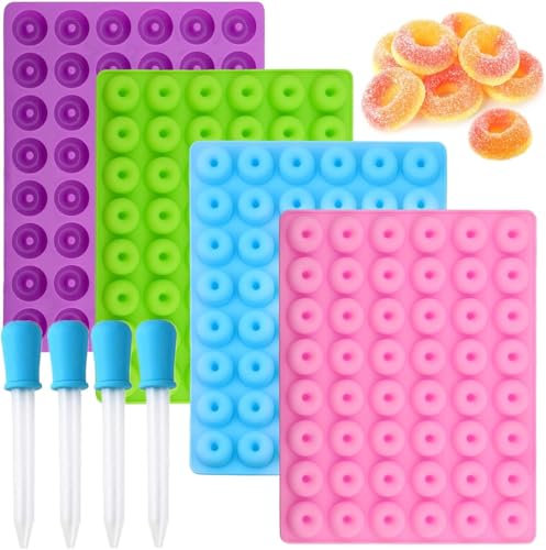 Socluer Mini moule à donuts en silicone 4 couleurs avec 48 cavités pour bonbons, chocolat, friandises pour chien, glaçons, avec 4 pipettes