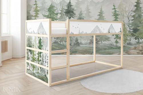 Unik Nordic Aufkleber für IKEA KURA Hochbett, Tannenwald Aquarell 5-Sticker-Set Oben, Bettaufkleber, Sticker für Kinderbett, Möbelfolie fürs Kinderzimmer, Bettfolie für Kinder