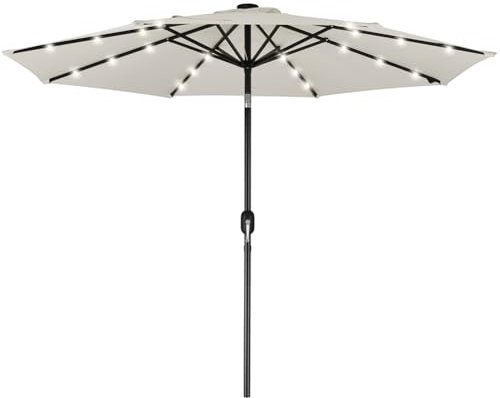 BAKAJI Ombrellone da Giardino Diametro 270 cm con Luci Led e Sistema Antivento, Parasole da Esterno con 8 Ribs Stecche, Airvent, Ideale per Bar, Ristorante, Patio, Balcone, Apertura Manovella (Beige)