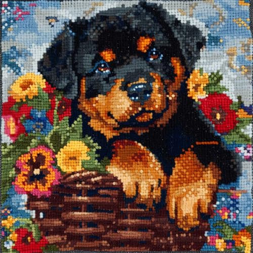RKFLGEW DIY knüpfen set erwachsene Rottweiler Tier knüpfkissen Hund und Blumenkorb DIY-Kissenbezug，Häkelgarn，Nadel，Basteln，handgefertigtes Kissen für Zuhause，Sofa-Dekoration 43x43cm