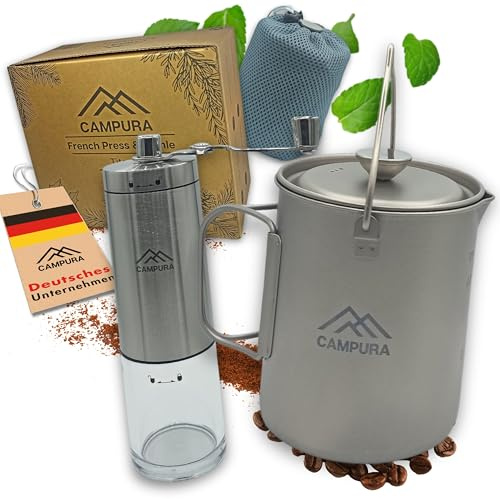 Campura Titan French Press Olla – 750 ml con molinillo de café de acero inoxidable, filtro de precisión, ligero y compacto, cafetera de exterior, prensa francesa de camping