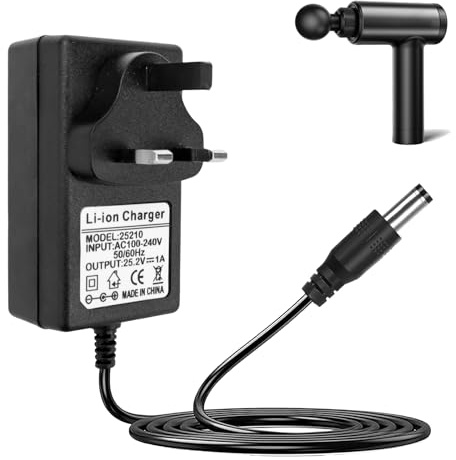 Universal Massage Gun Charger Adapter Replacement 25.2V 1A Power Supply Cord UK UKCA Certificate,100V~240V AC to DC 24 Volt 500mA with LED Indicator, Wide Voltage Adaptability Charging
