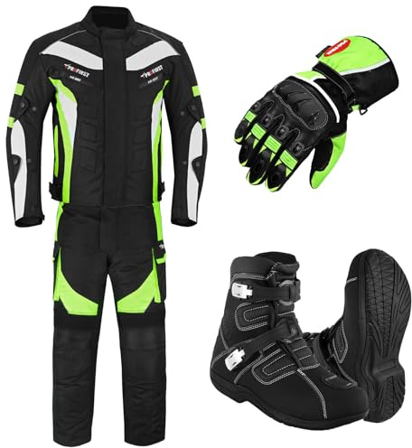 Motorcycle Protected 2 Piece Suit For Men, Bike Jacket WaterProof Fabric CE Armour Protected Trouser, Gloves With Long Leather Boots, Motorcycle Accessories CE-Approved