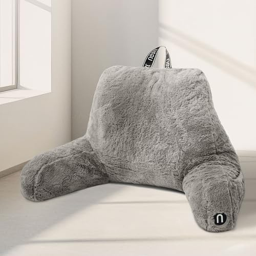 Nestl Fur Reading Pillow, Stylish Back Pillow for Bed Sitting Up, Faux Fur Bed Chair Pillow with Arms, Reading Pillows for Sitting in Bed Adult & Kids, Sit Up Back Support Pillow for Bed Rest - Grey