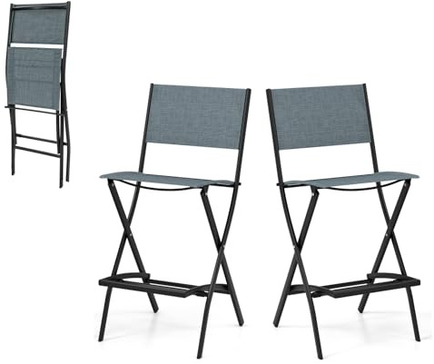 KOMFOTTEU 2er Set Gartenstühle, Barstühle klappbar mit Fußstütze, Barhocker Tresenhocker bis 150kg, Klappstühle für Balkon, Garten (Blau)