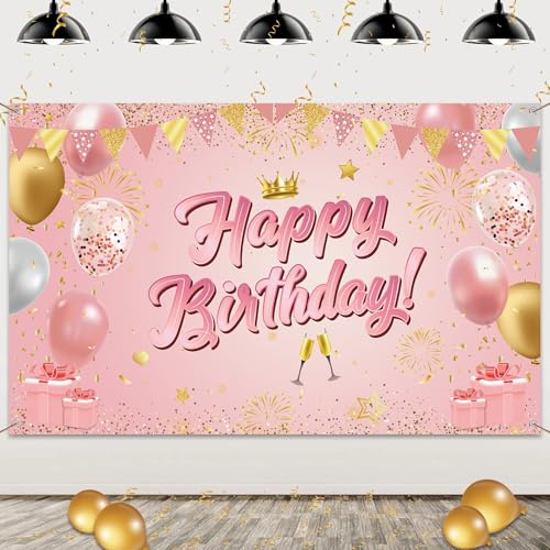 Happy Birthday Banner Geburtstagsdeko für Mädchen - Geburtstagsbanner Rosegold Fotografie Backdrop Zeichen Poster, Extra Großes Hintergrund für Frauen Geburtstag 110 × 180cm