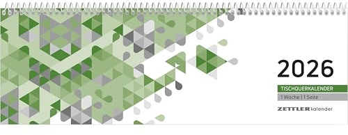 Zettler Tischquerkalender 1W/1S grün 2026 – Wochenkalender 30 × 10 cm, 1 Woche auf 1 Seite mit Stundeneinteilung 7–19 Uhr, FSC-zertifiziert, praktischer Bürokalender für Schreibtisch & Homeoffice