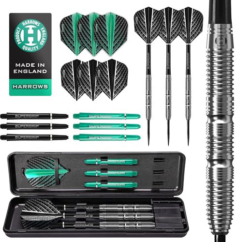 Harrows NX Elite 90% Tungsten Steel Tip Darts Set | 21 g bis 26 g alle Gewichte verfügbar | Riesiges 17-teiliges Bundle mit Supergrip Shafts, Quantum Flights & Reiseetui (22 grams)