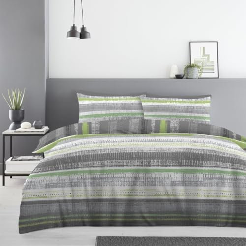 Lions 4 Piece Complete Bedding Sets - Textured Striped Double Duvet Cover Set With 1x Fitted Sheet and Matching 2x Pillowcase, Soft Poly Cotton, Reversible Quilt Covers, Silver Grey