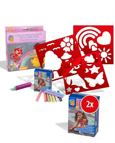 PUSTEFIX MALEFIX Schablonenset Unicorn + 2x Nachfüllpack 18er Kreide I Leuchtende Straßenkreide Farben mit Schablone, leicht aufzutragen I Einfach mit Wasser zu entfernen I Für Kinder & Erwachsene