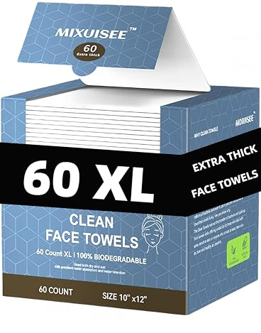 Disposable face towel, MIXUISEE thick and soft face towels. 100% cotton face cloths, facial towels 150% thickness. Increased size: 12 x10, Makeup removal and cleaning (Extra thick 60 PCS)